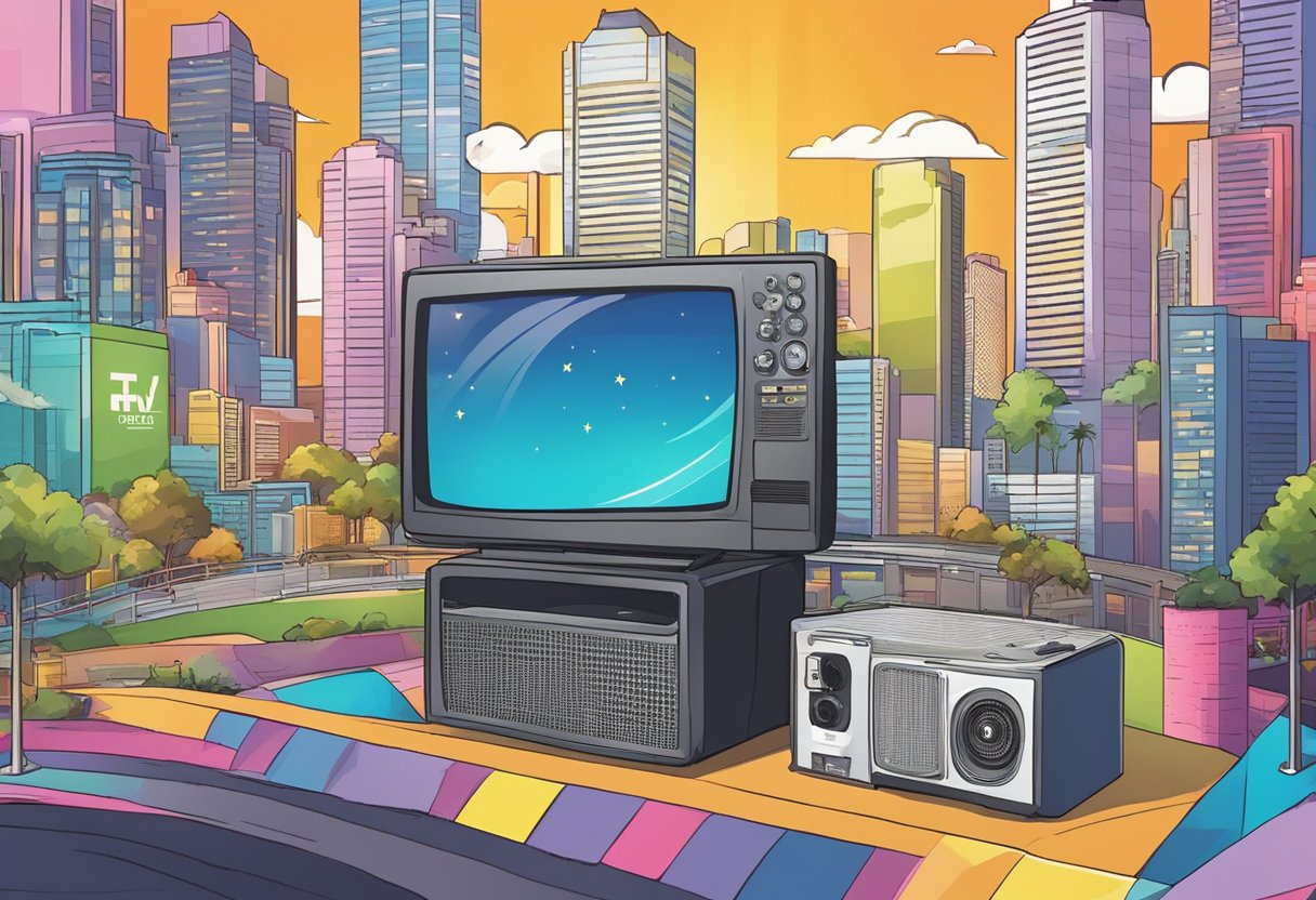 The Singapore TV guide features vibrant program highlights. The screen displays a variety of shows and events, with colorful graphics and text