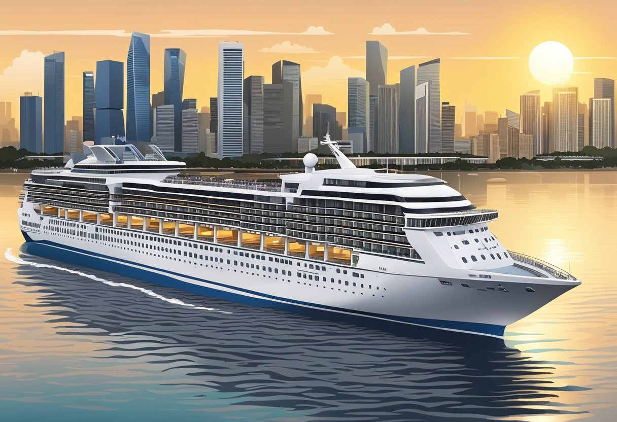 The cruise ship sets sail from Singapore harbor, with the city skyline in the background and the sun setting on the horizon