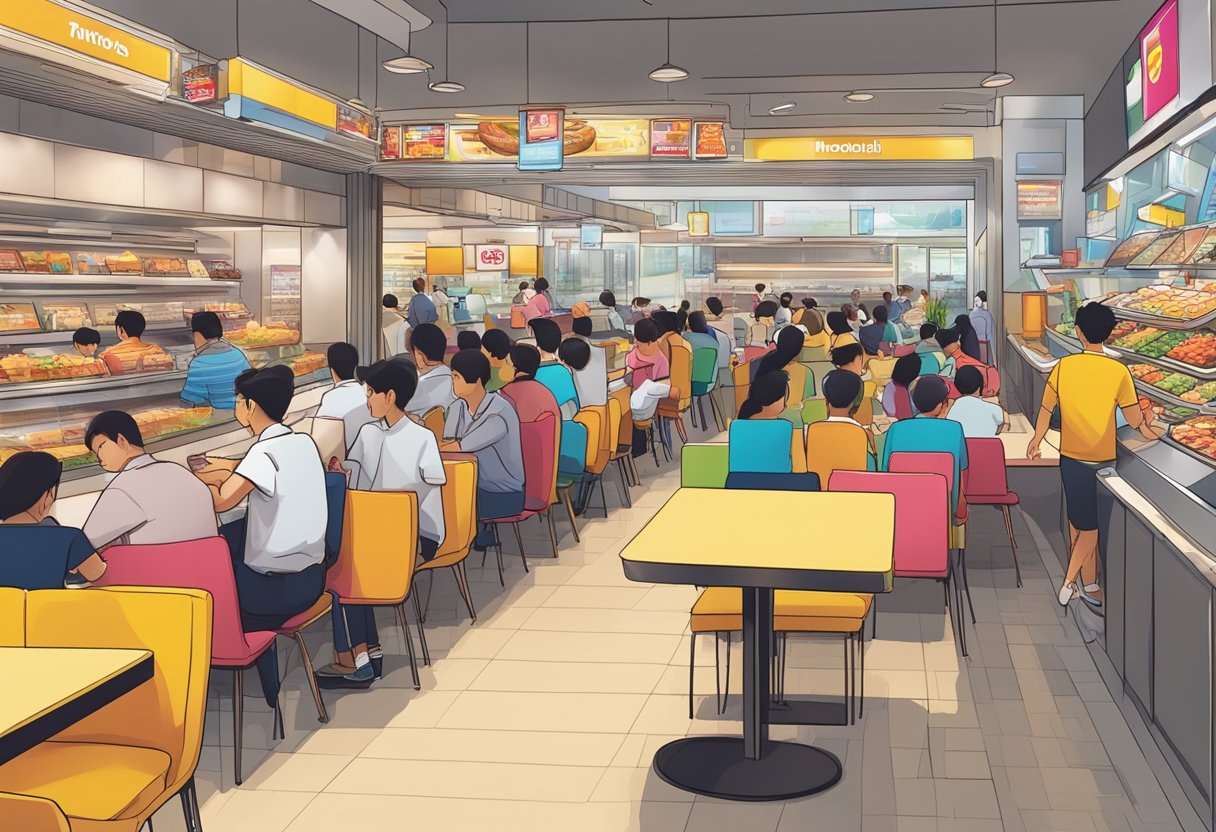 A bustling Mc Donald's in Singapore with colorful signage and a crowded seating area