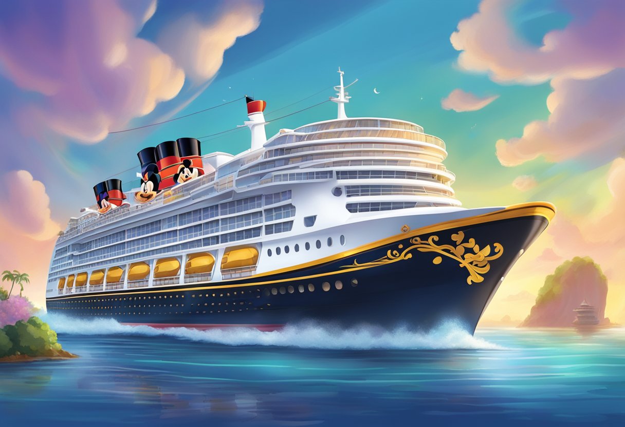 A colorful Disney cruise ship sails through the sparkling waters of Singapore, with families enjoying onboard activities and characters greeting guests