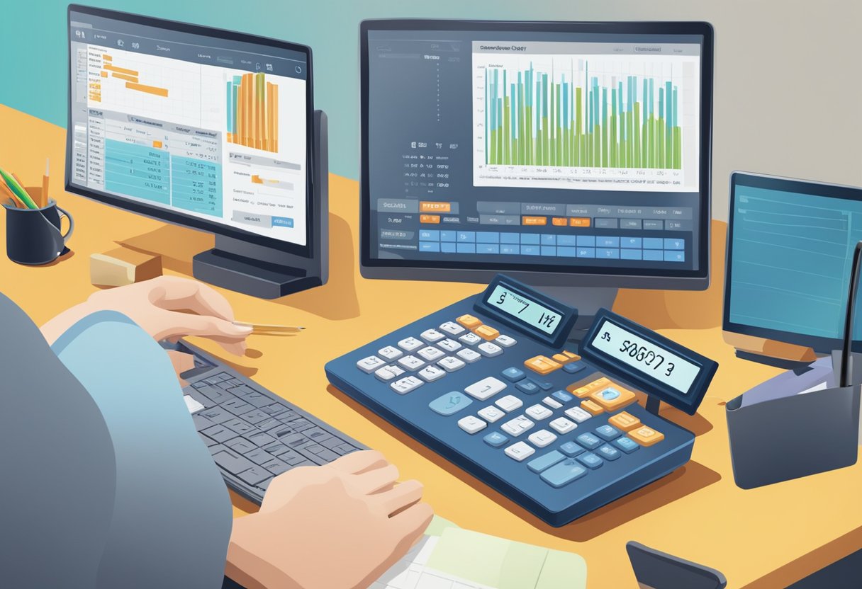 A person using a computer to input salary information into a salary calculator, with a calculator interface displayed on the screen