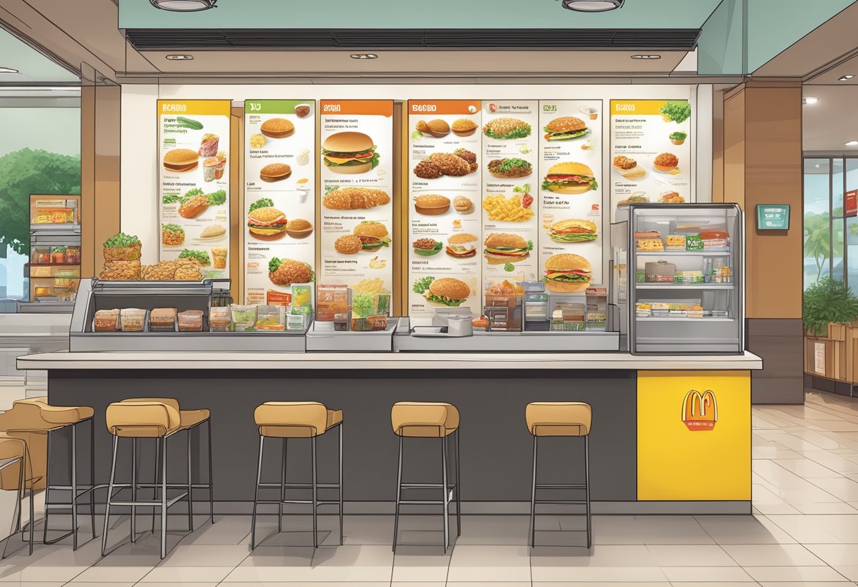 The menu board at McDonald's Singapore displays a variety of food items and services offered