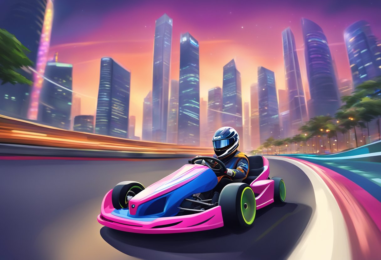 A go kart speeds around a track in Singapore, surrounded by vibrant city lights and skyscrapers
