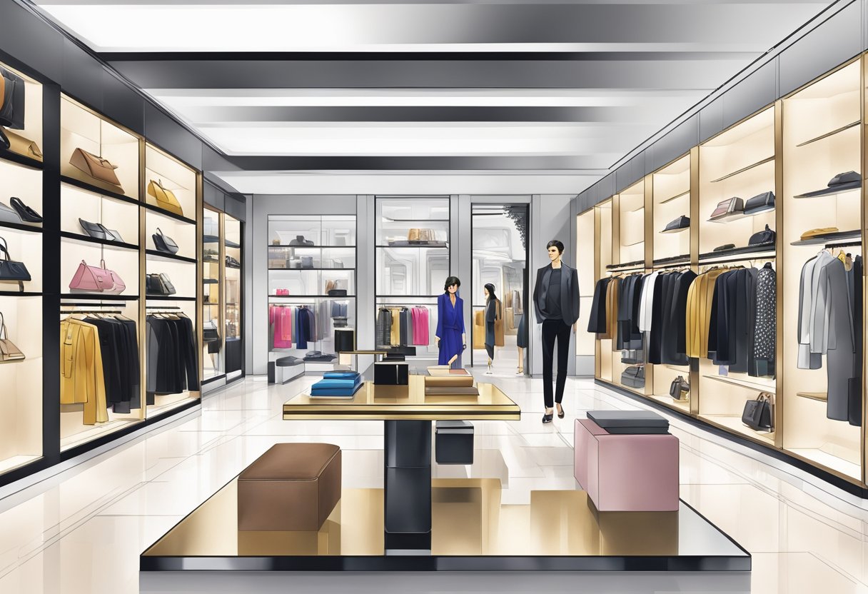 A bustling YSL store in Singapore, with sleek modern architecture and vibrant displays of luxury fashion items
