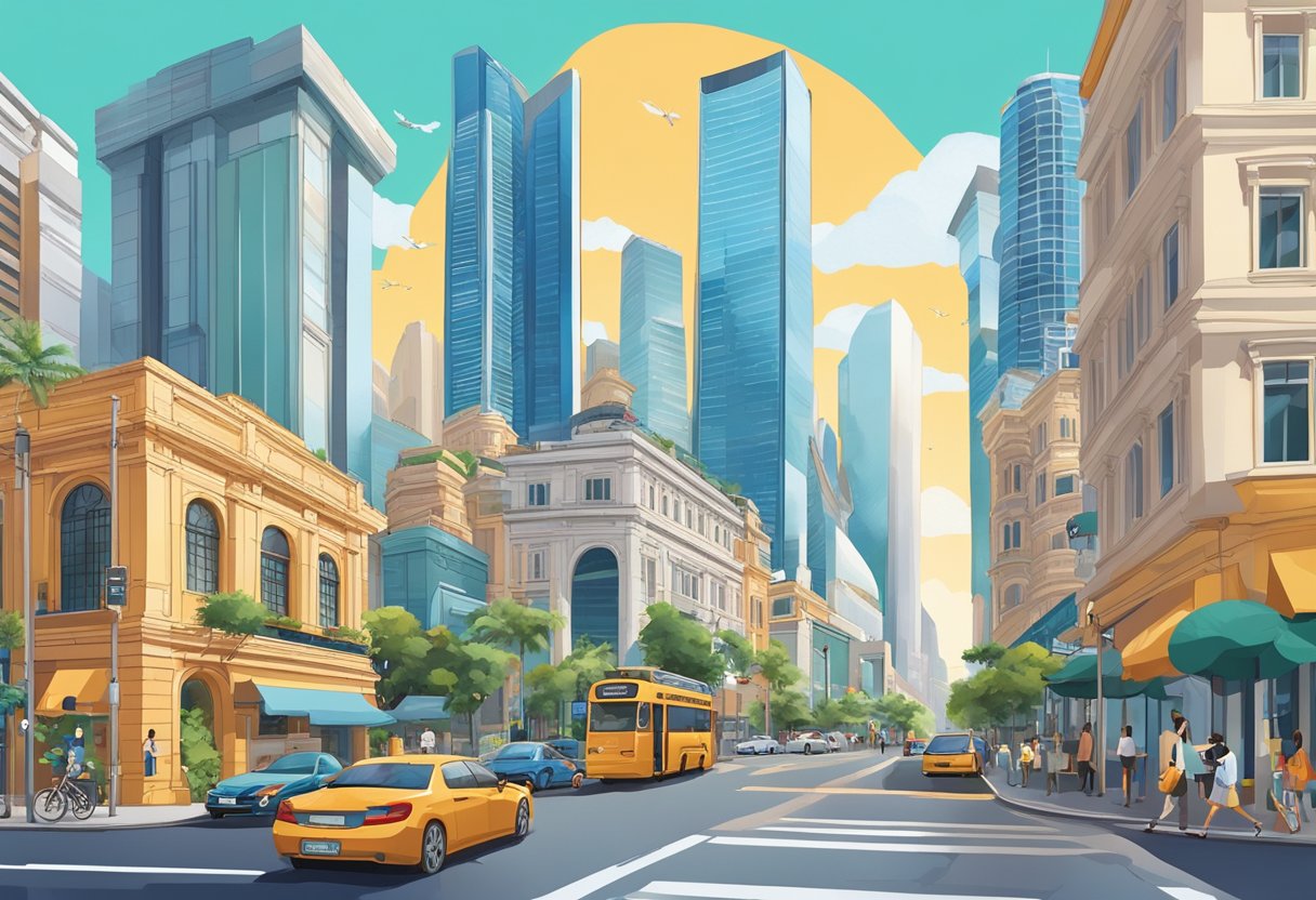 A bustling cityscape with iconic landmarks, vibrant street scenes, and a mix of modern and traditional architecture in Celine Singapore