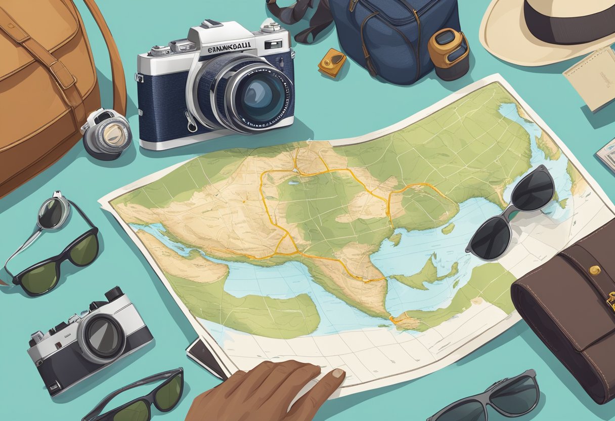 A traveler's hand holding a map with a route from Singapore to Bali, surrounded by travel essentials like a passport, sunglasses, and a camera