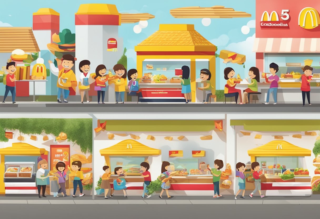 Customers receiving promotions and rewards at McDonald's Singapore, with happy faces and delicious food