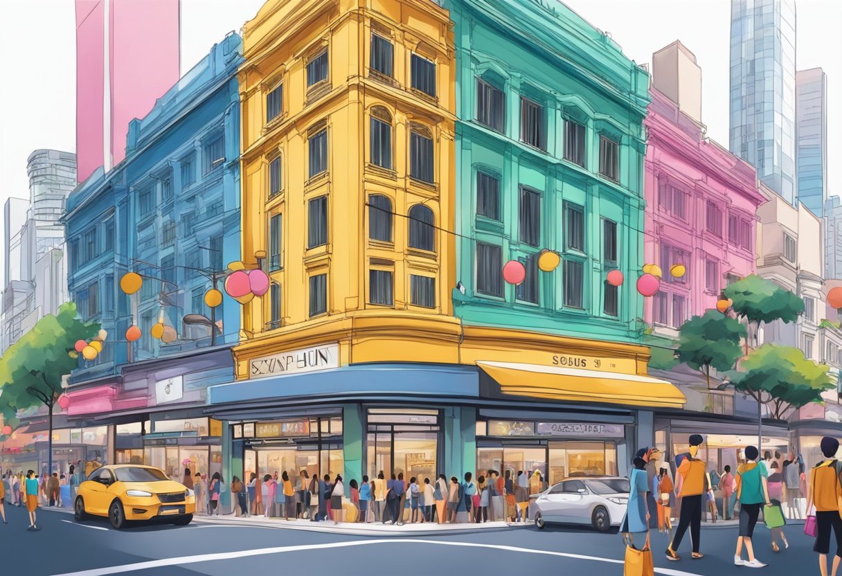 A vibrant cityscape with iconic YSL storefront, bustling streets, and diverse crowd in Singapore