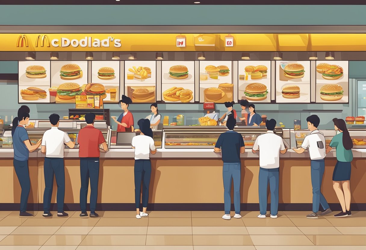 A busy McDonald's restaurant in Singapore with customers ordering at the counter, staff preparing food, and the iconic golden arches logo displayed prominently