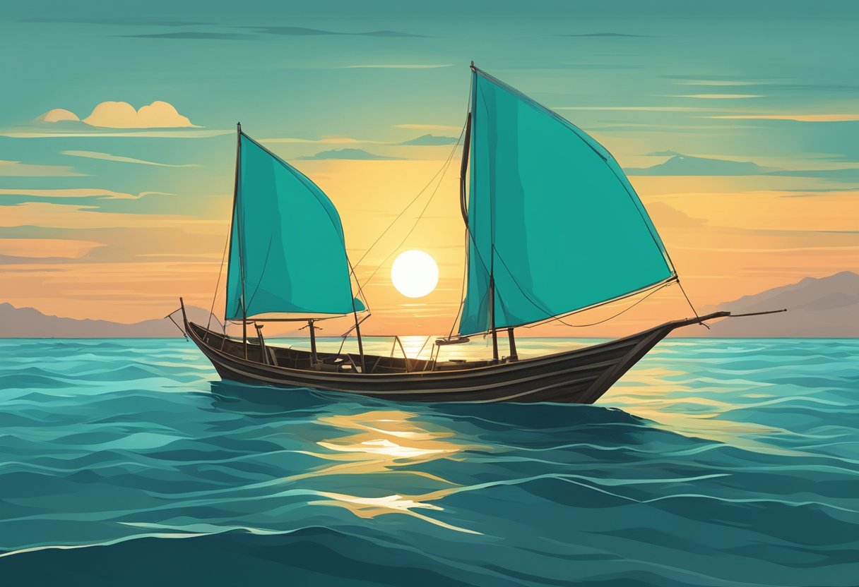 The sun sets over the calm, turquoise waters as a traditional Indonesian fishing boat glides through the waves on its journey from Singapore to Bali