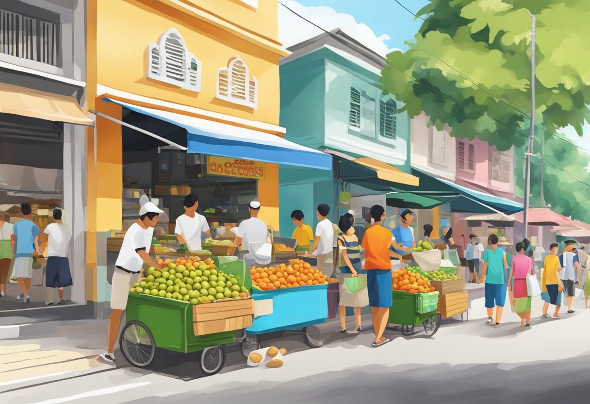 A bustling street in Singapore, with colorful stalls selling fresh coconuts. The iconic Mr. Coconut logo adorns the storefront, surrounded by eager customers