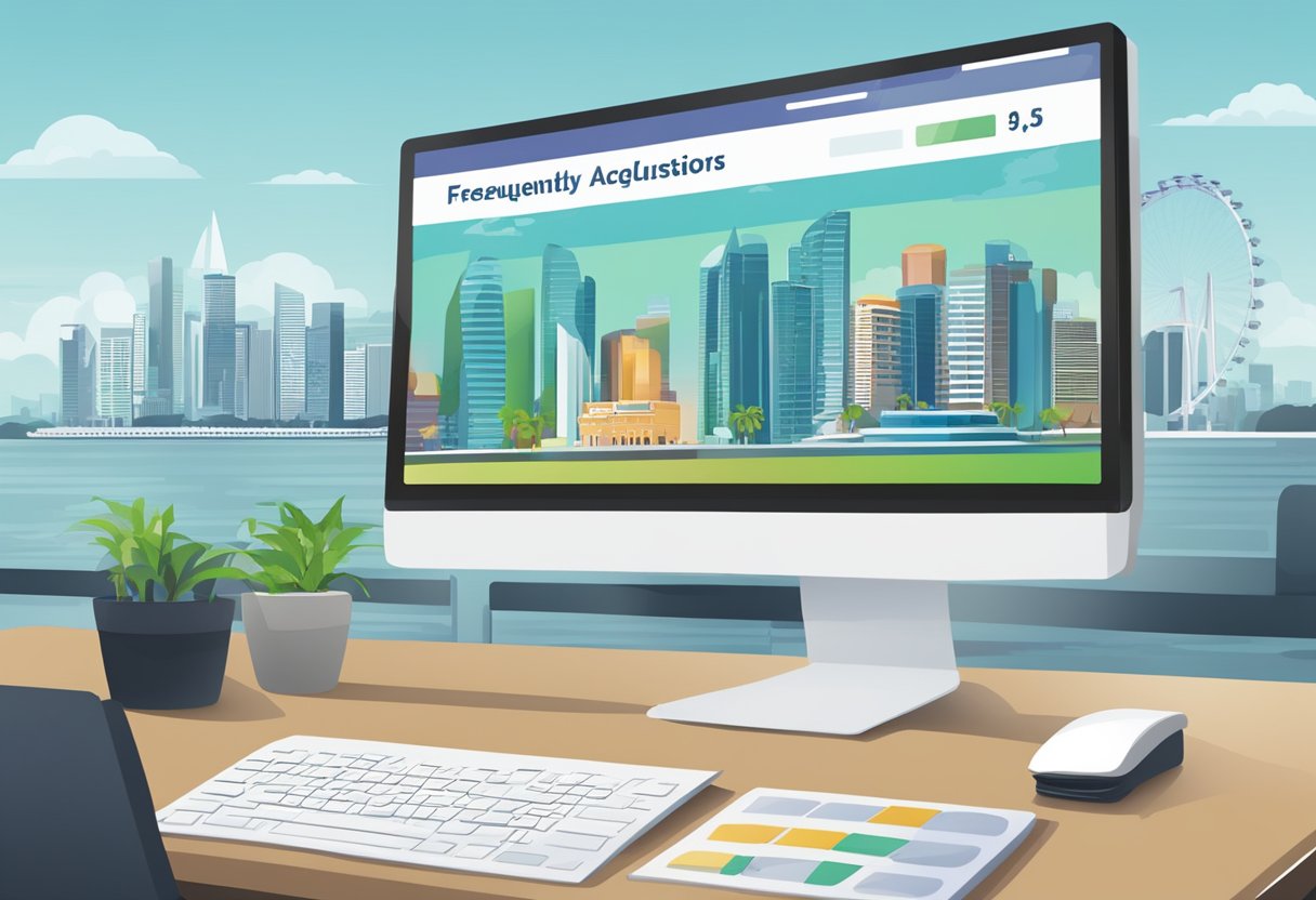 A computer screen displaying the "Frequently Asked Questions" page of a salary calculator website, with the skyline of Singapore in the background