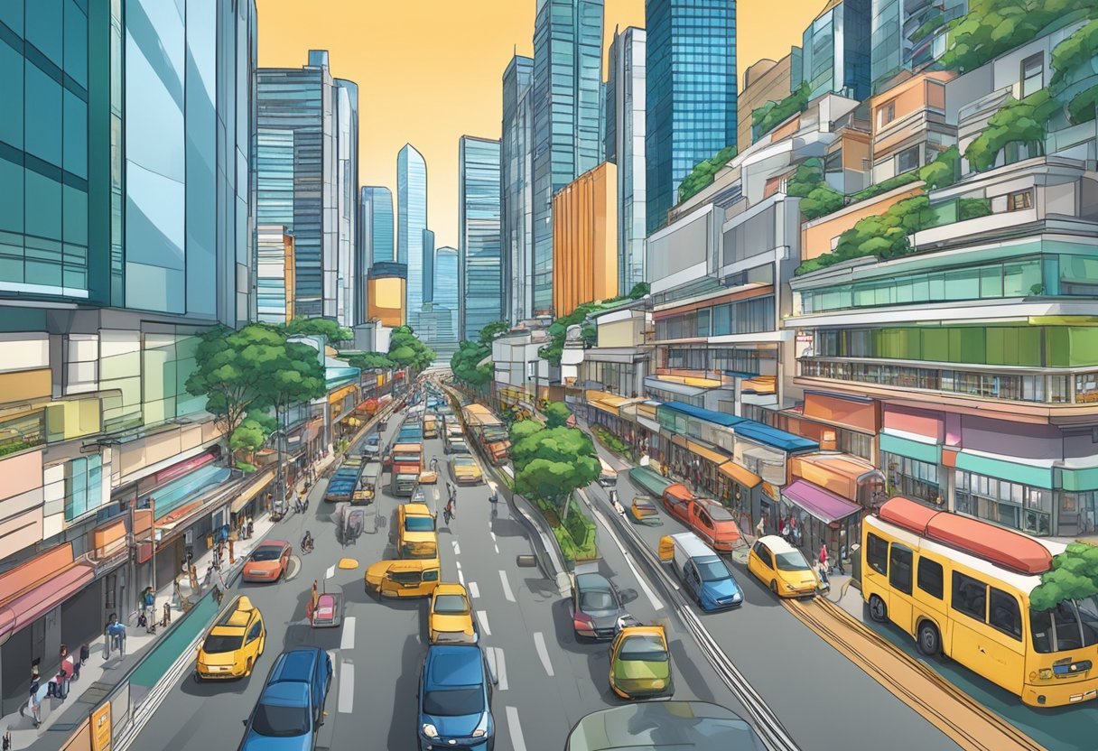A bustling cityscape of modern skyscrapers and vibrant street life in Singapore