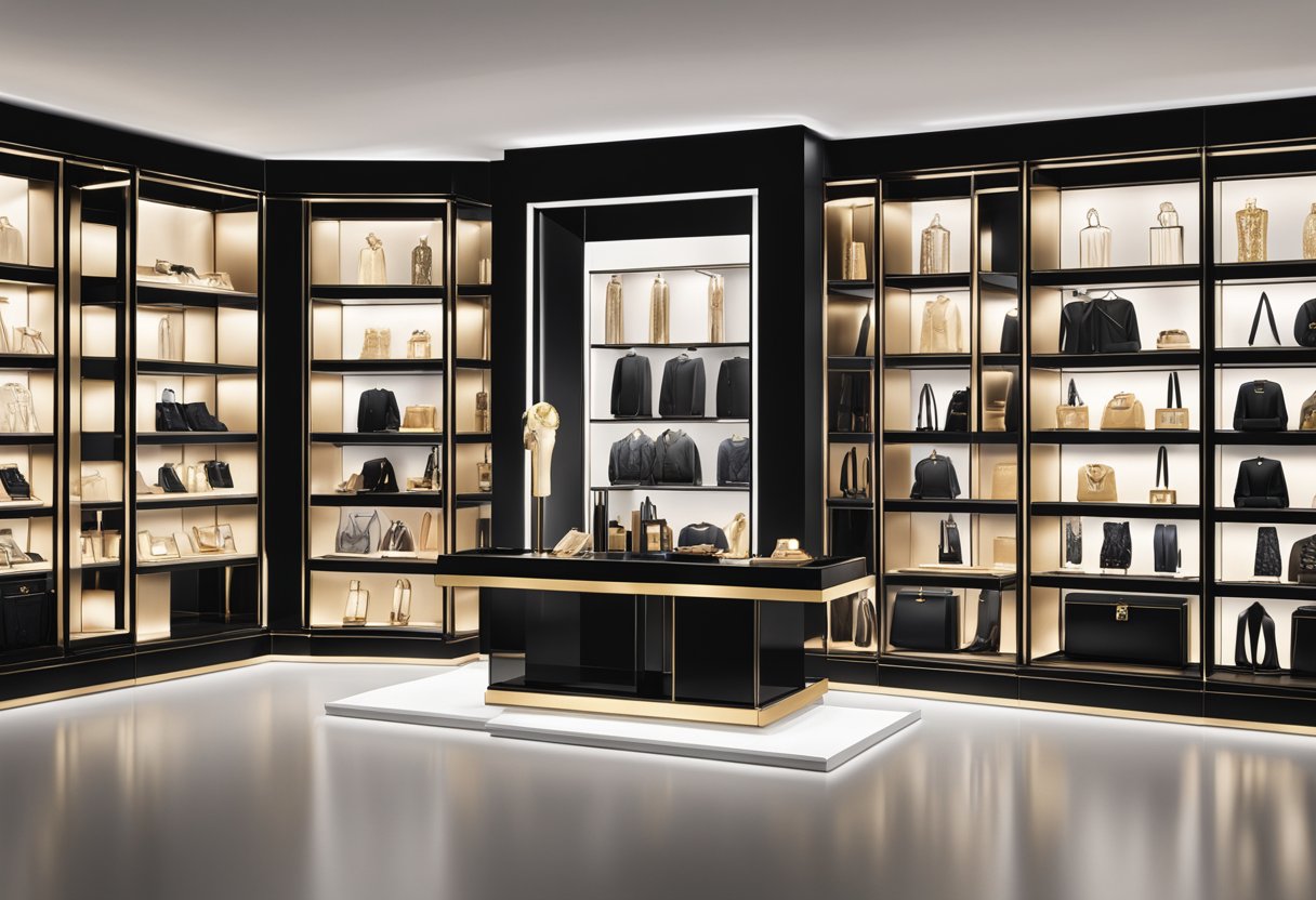 A display of YSL's iconic fashion pieces, arranged on sleek black shelves with dramatic lighting, showcasing the brand's timeless and luxurious designs