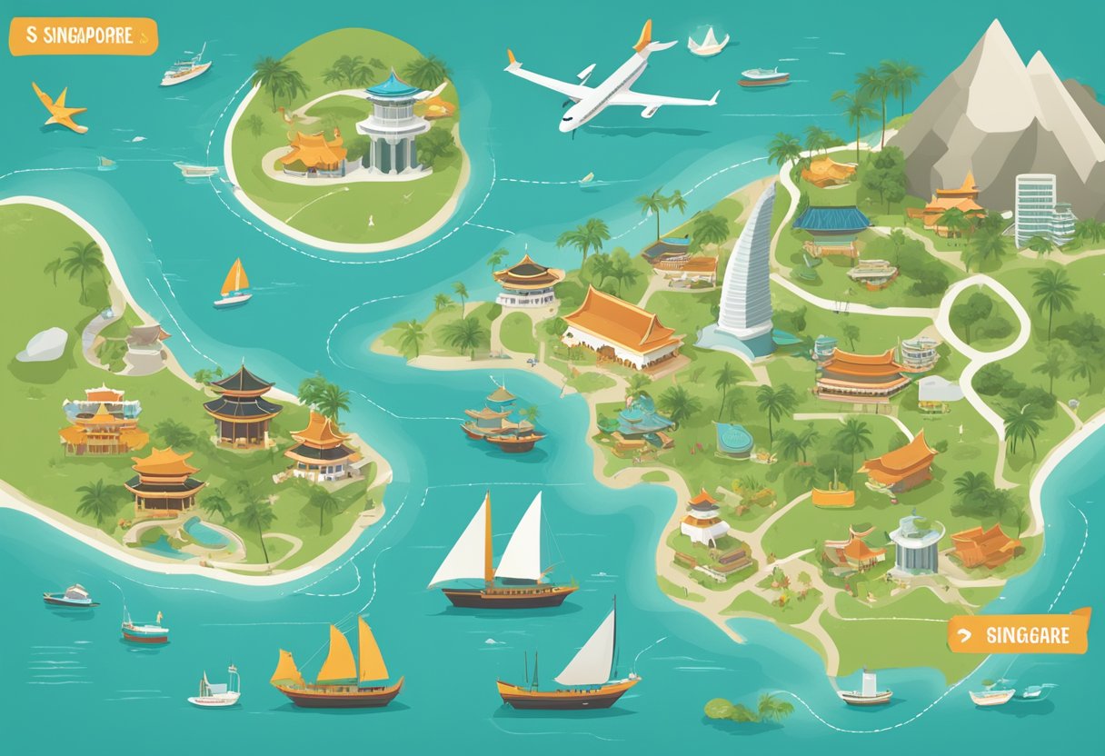 A map of Singapore and Bali with a "Frequently Asked Questions" banner above, surrounded by travel-related icons and symbols