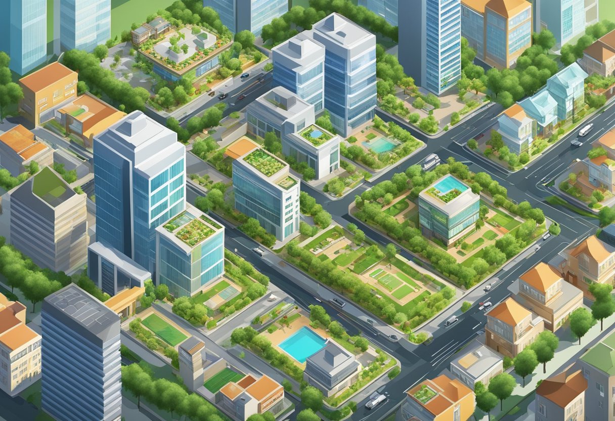 A bustling cityscape with modern buildings, lush greenery, and a variety of amenities such as restaurants, shopping centers, and recreational facilities