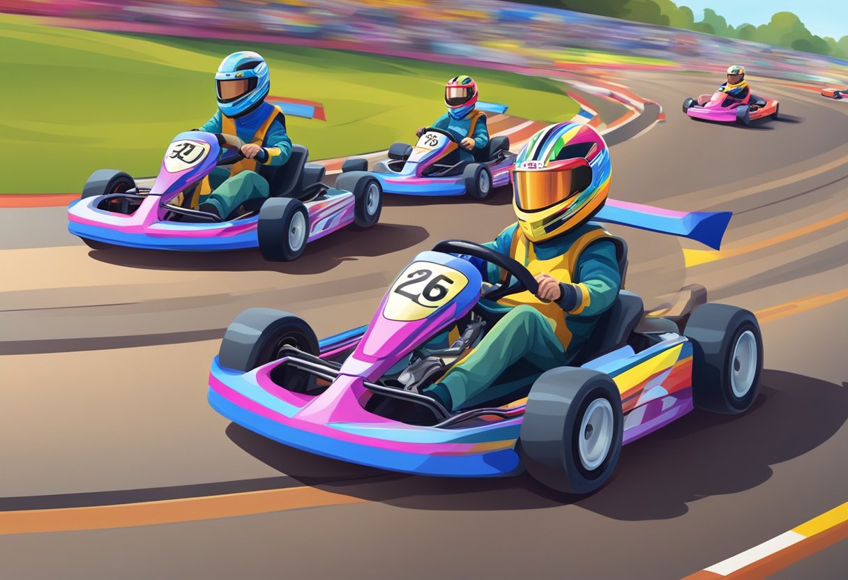 A group of go-karts speeding around a twisting track, with colorful flags waving in the breeze and spectators cheering from the sidelines