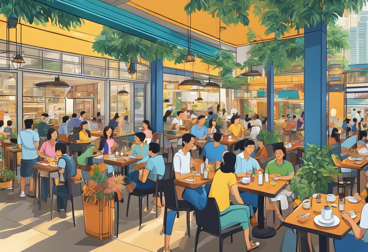 A bustling dining and leisure scene in modern Singapore. Vibrant restaurants, lively bars, and people enjoying various activities