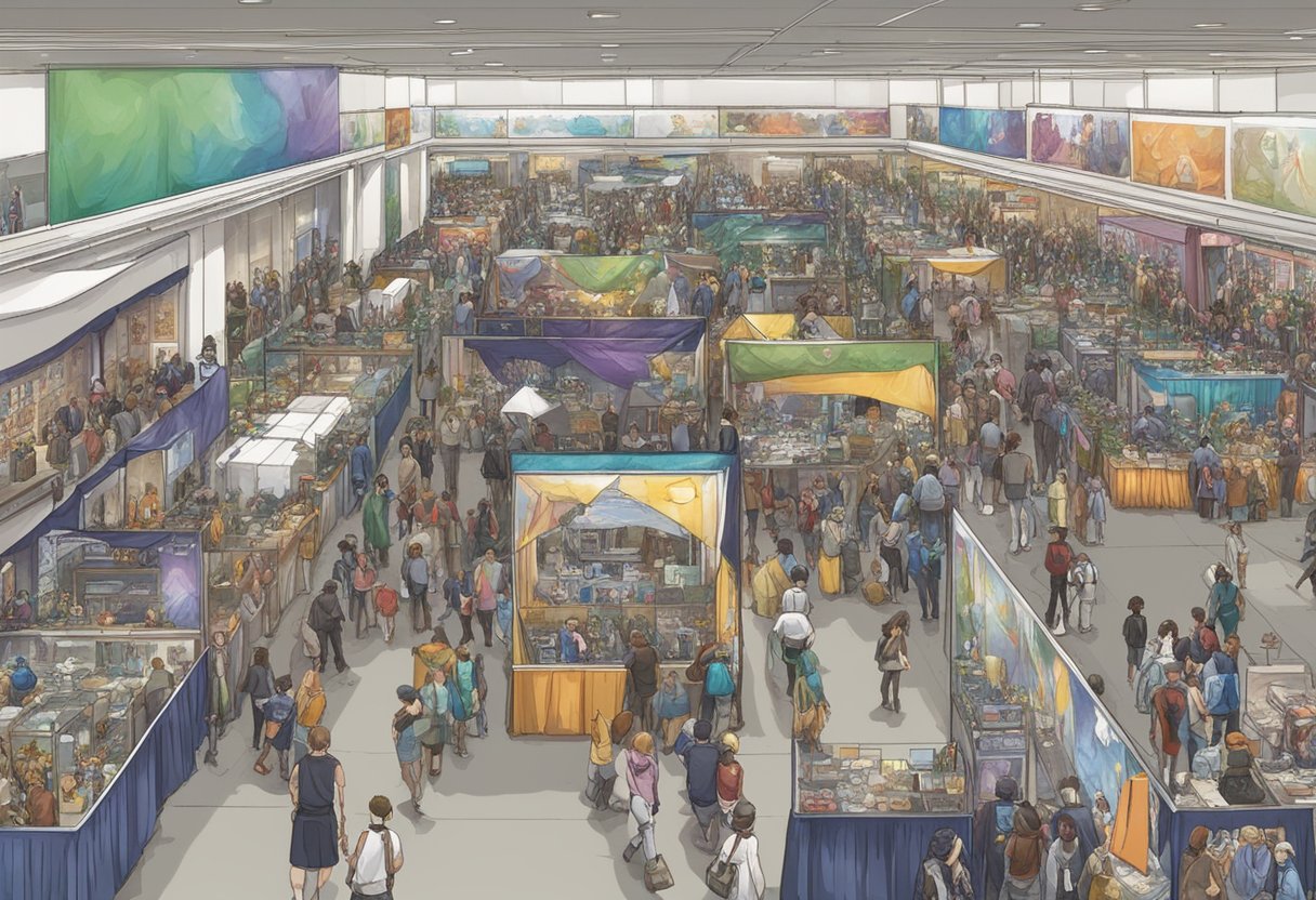 A bustling convention floor with colorful booths, cosplayers, and artist alley. Panels and workshops fill the schedule, with a main stage for special guests and performances