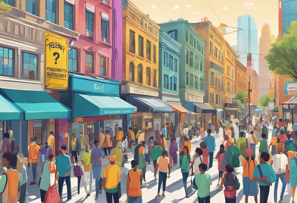 A bustling city street with colorful signs and diverse people, with a prominent "Frequently Asked Questions" sign in the background