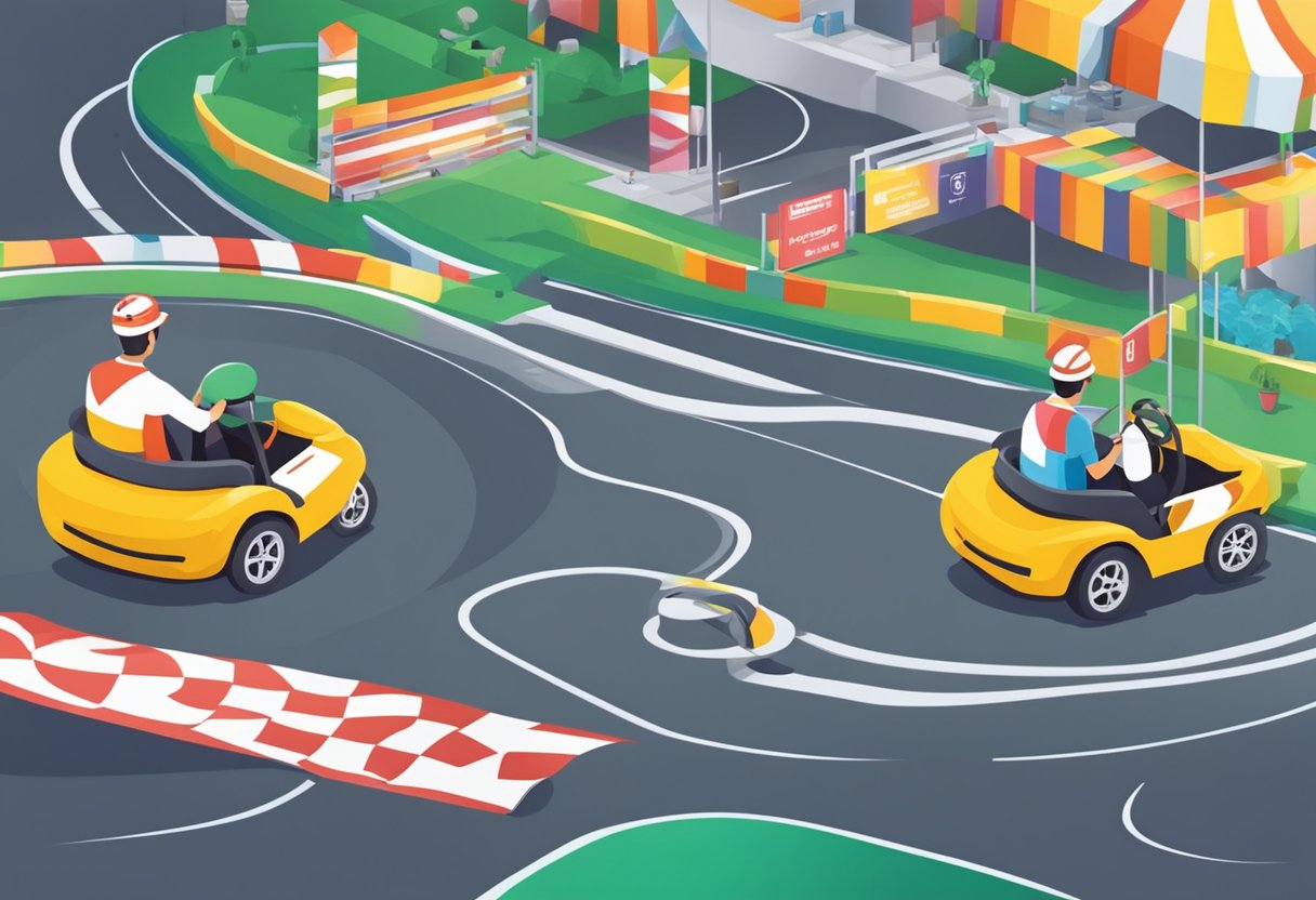 People gather around a colorful go-kart track in Singapore, with signs and banners displaying "Frequently Asked Questions" in bold letters