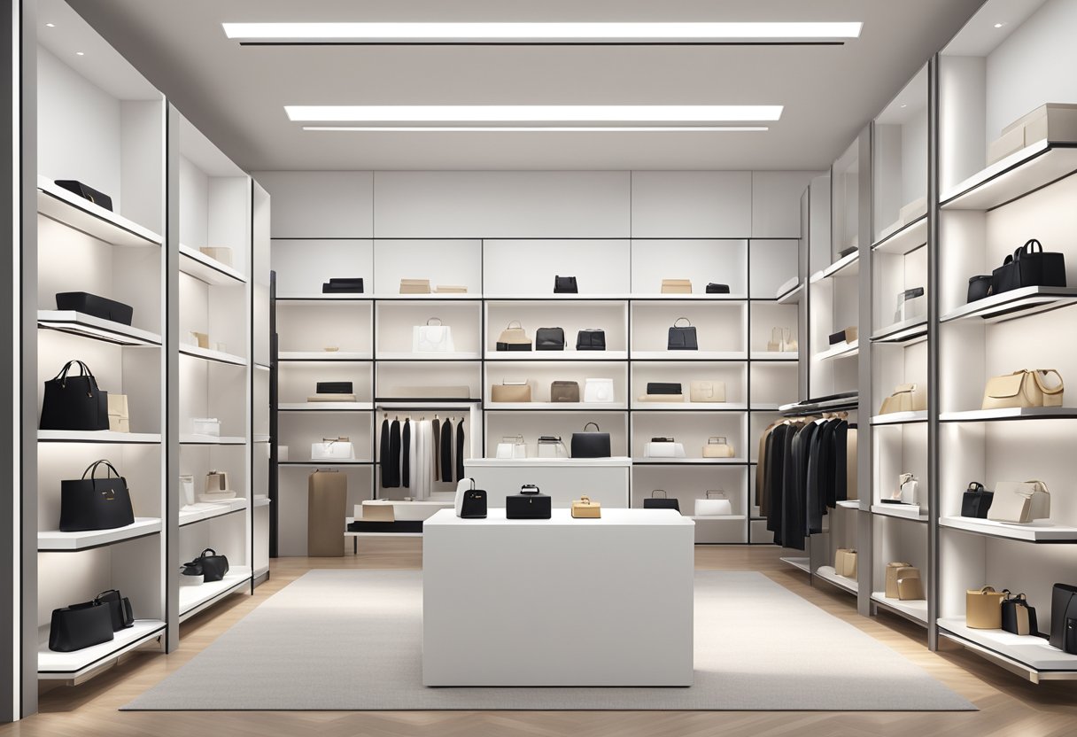 A display of Celine collections and products in a sleek and modern setting. Bold and elegant designs are showcased on clean, minimalist shelves