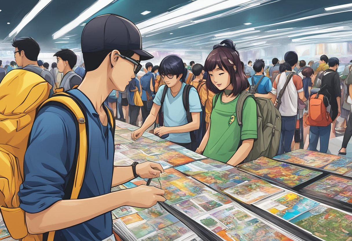 Attendees at Singapore Comic Con plan their visit, surrounded by colorful posters and merchandise booths. Excitement fills the air as fans prepare for a day of cosplay and comic book exploration
