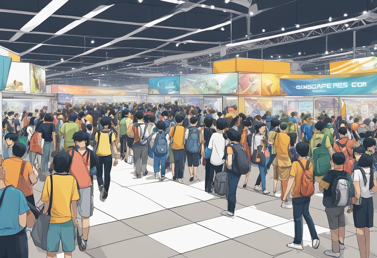A bustling convention hall with cosplayers, merchandise booths, and panels. Crowds gather around the "Frequently Asked Questions" booth at Singapore Comic Con
