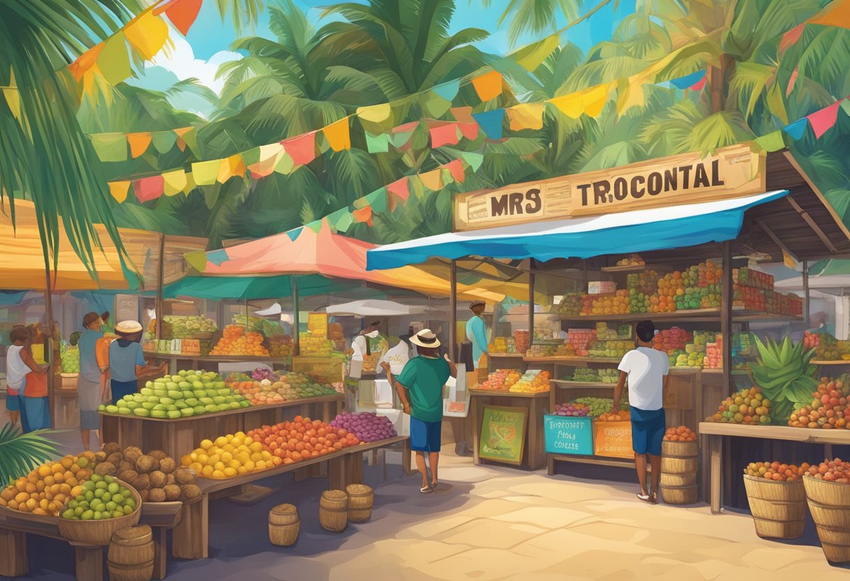 A vibrant market stall displays an array of Mr Coconut's tropical offerings, including fresh coconuts, coconut-based drinks, and coconut-themed merchandise. The stall is adorned with colorful signage and surrounded by eager customers