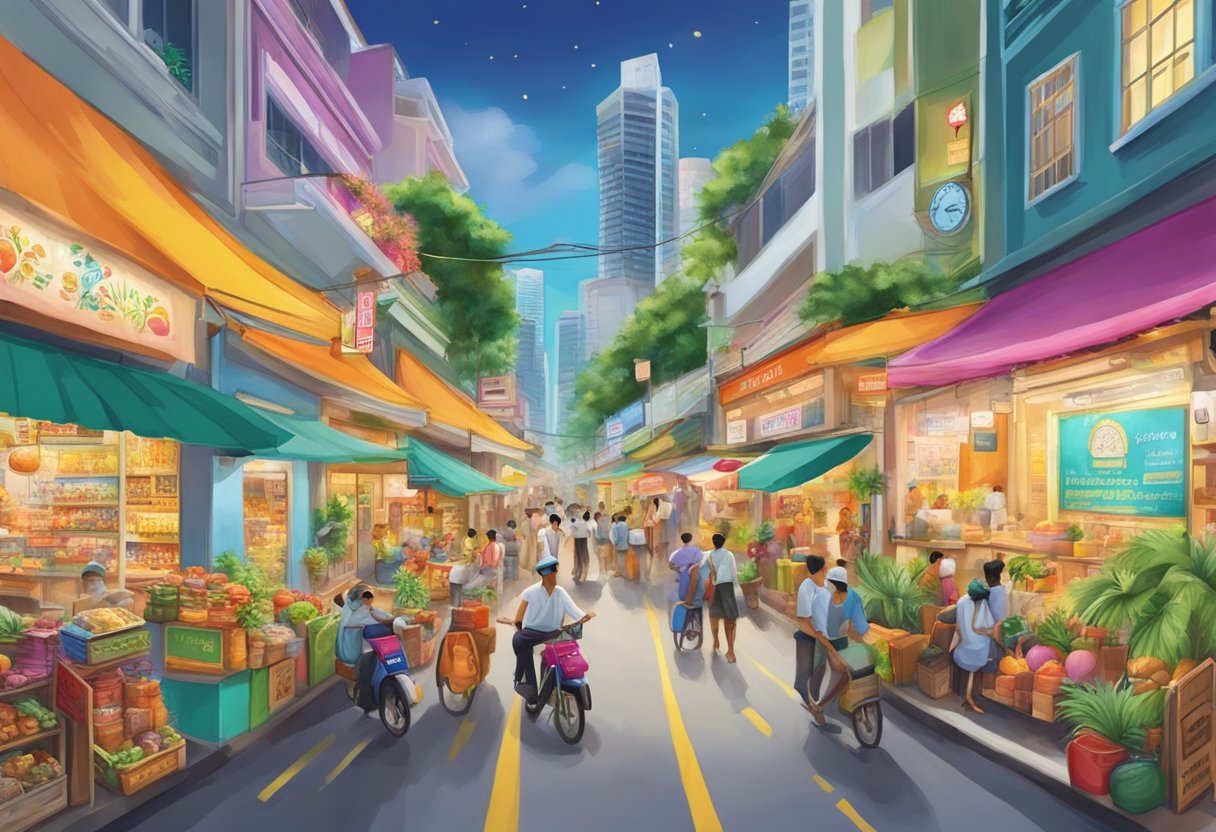 A vibrant street in Singapore with a prominent "Mr. Coconut" storefront, surrounded by bustling activity and colorful signage