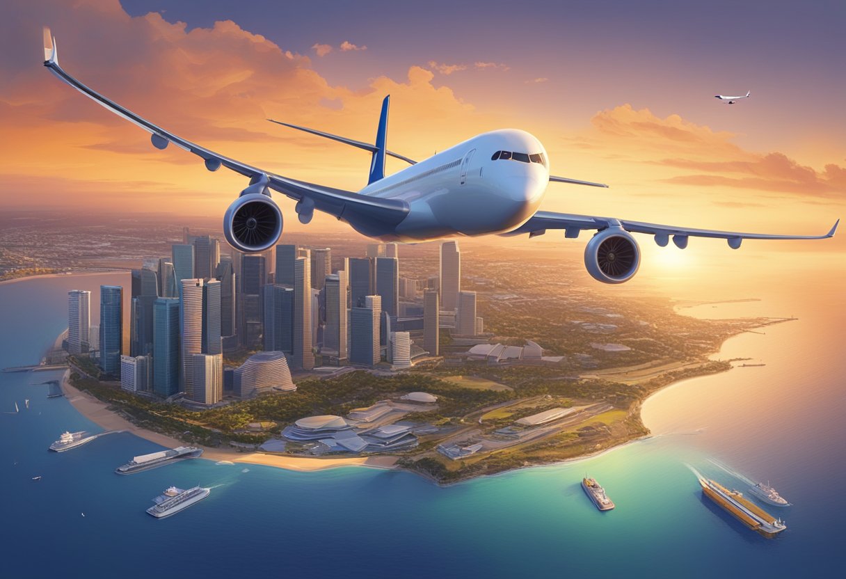 A plane flying from Singapore to Melbourne over the ocean at sunset