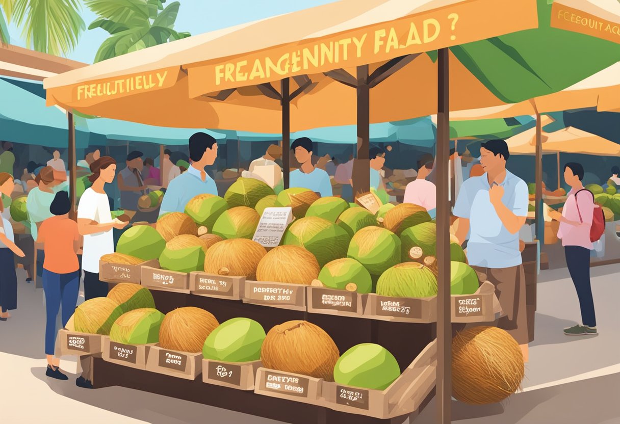 A colorful display of coconuts with "Frequently Asked Questions" signage at a bustling market in Singapore