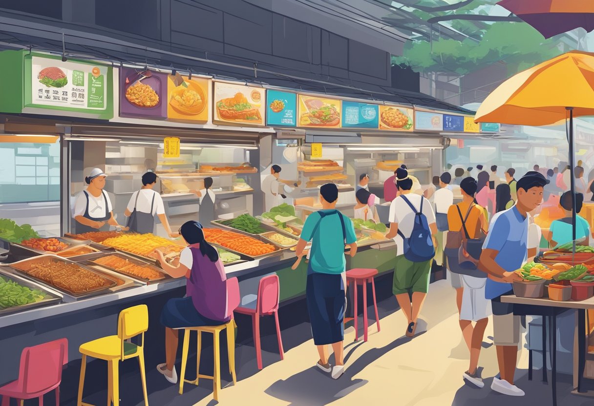 The bustling Old Airport Road Food Centre in Singapore is filled with colorful stalls and the aroma of sizzling street food. The vibrant atmosphere is enhanced by the mix of locals and tourists enjoying the diverse culinary offerings