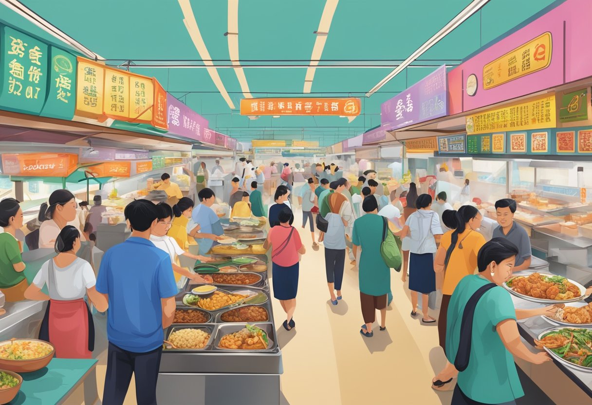 People savoring diverse dishes at Old Airport Road Food Centre, surrounded by bustling stalls and colorful signage