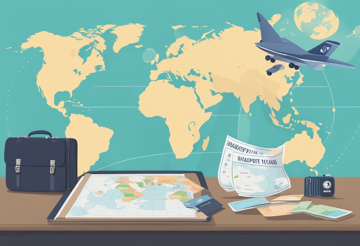 Passport, boarding pass, and map laid out on a table. Suitcase open with clothes spilling out. Airplane flying across a world map on the wall
