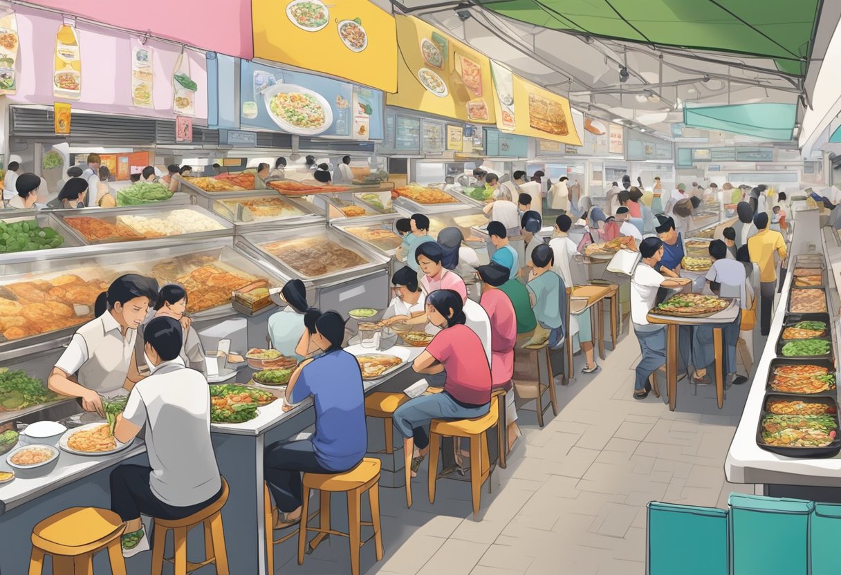 A bustling food center on Old Airport Road, Singapore, with various stalls and people enjoying a wide range of local dishes