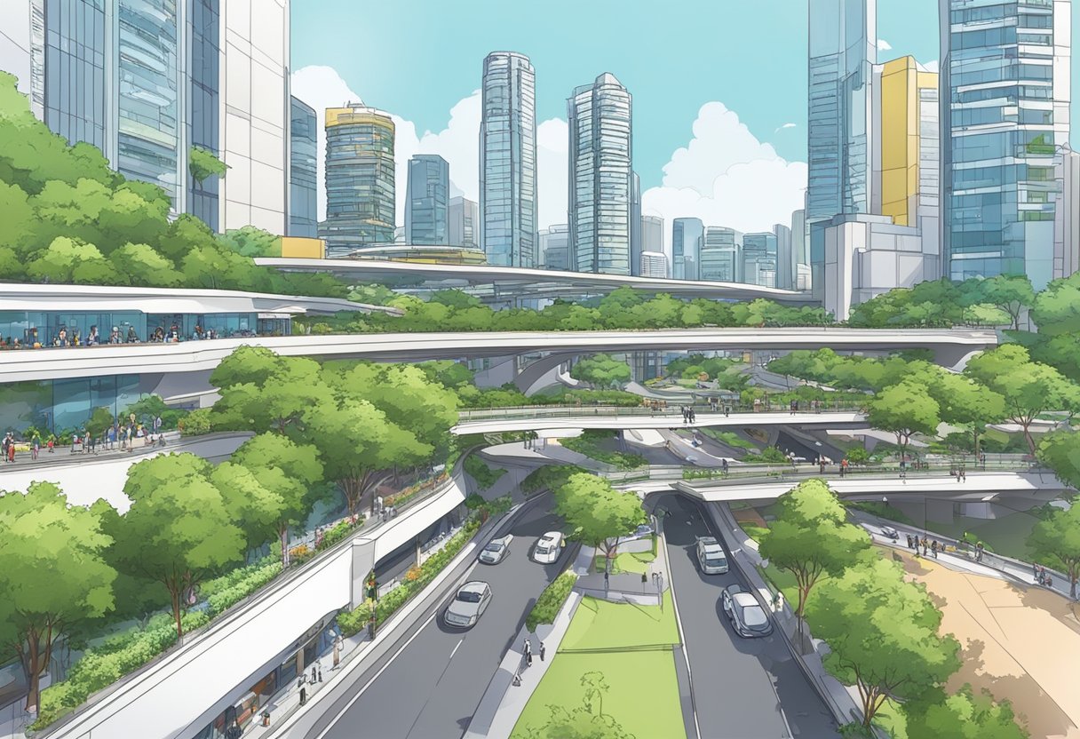 Busy street in Singapore with iconic PCN (Park Connector Network) winding along the waterfront, lined with lush greenery and modern architecture