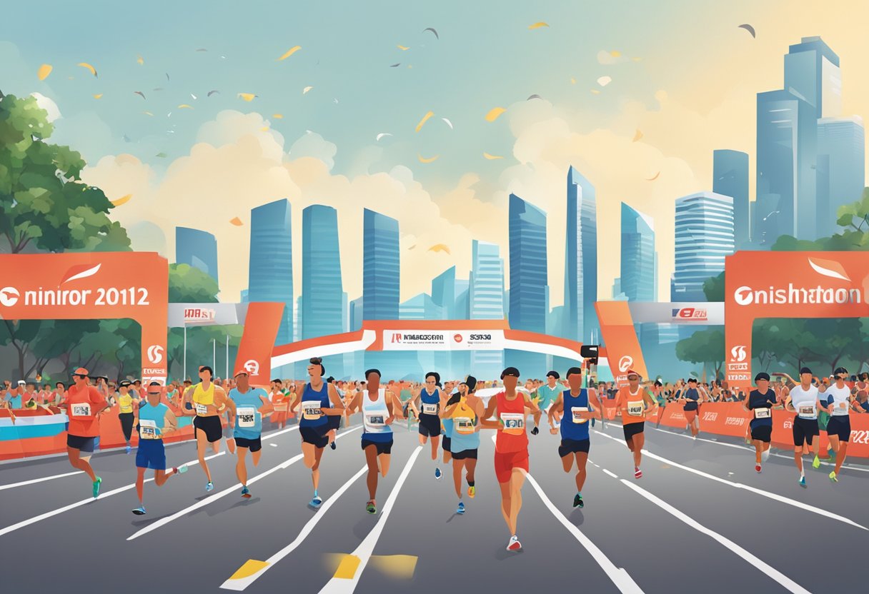 Runners crossing the finish line at the Singapore marathon, with the city skyline in the background and cheering spectators along the route