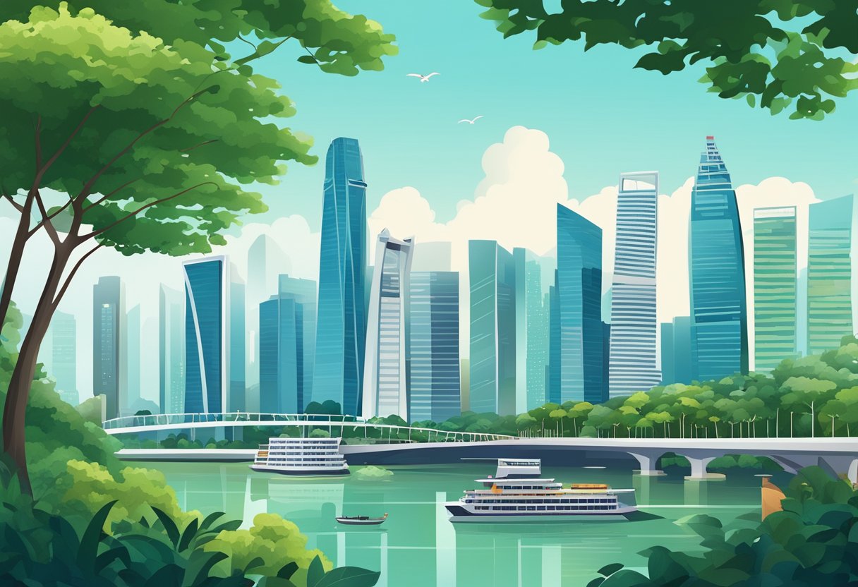 A bustling city skyline with iconic landmarks like Marina Bay Sands and the Singapore Flyer. Skyscrapers and lush greenery fill the cityscape