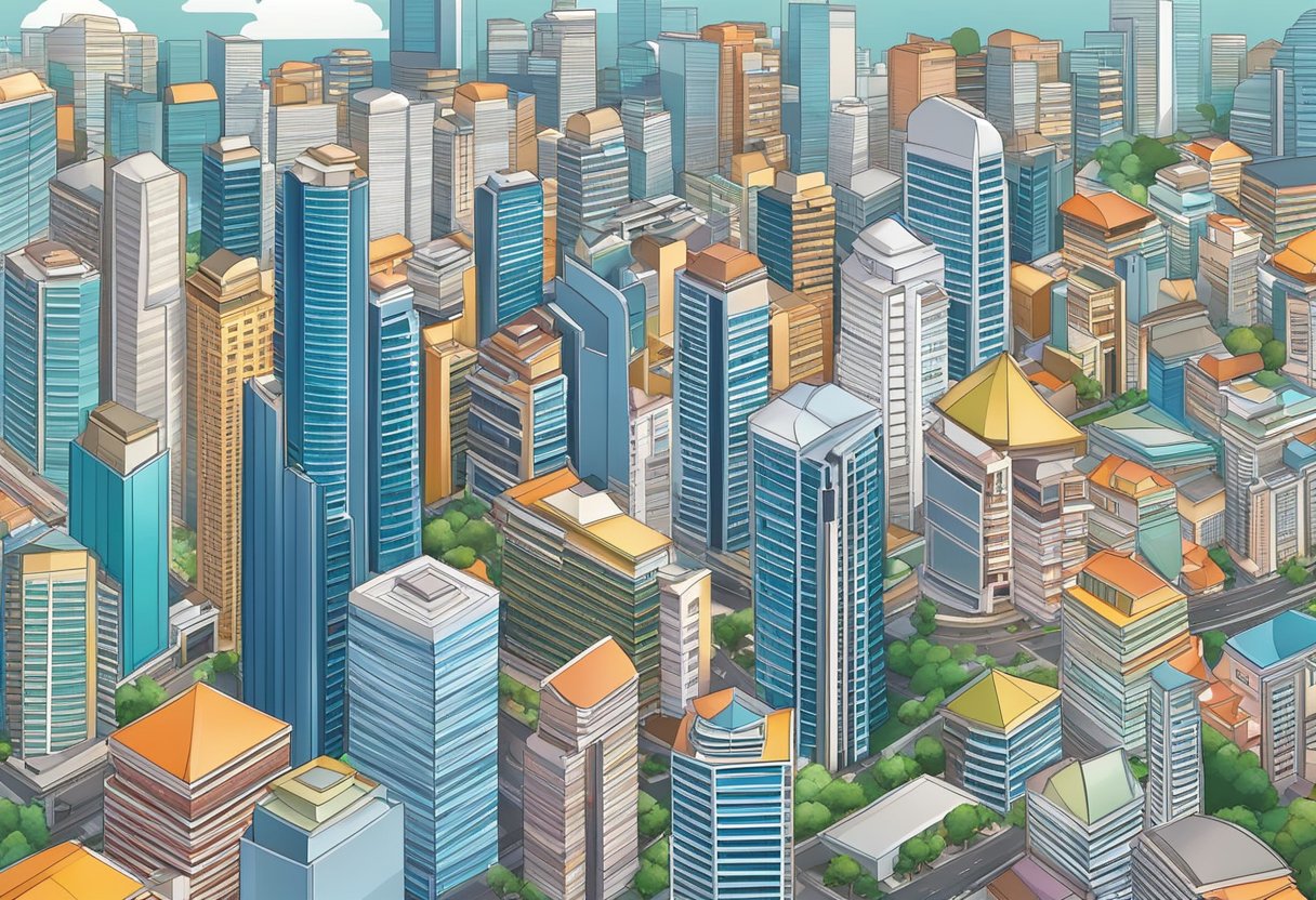 A bustling city skyline overlooks the diverse neighborhoods of Singapore, with its mix of modern skyscrapers and traditional shophouses