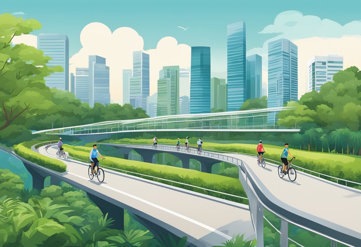 People cycling along lush green park connector network in Singapore. Bridges, waterways, and city skyline in the background