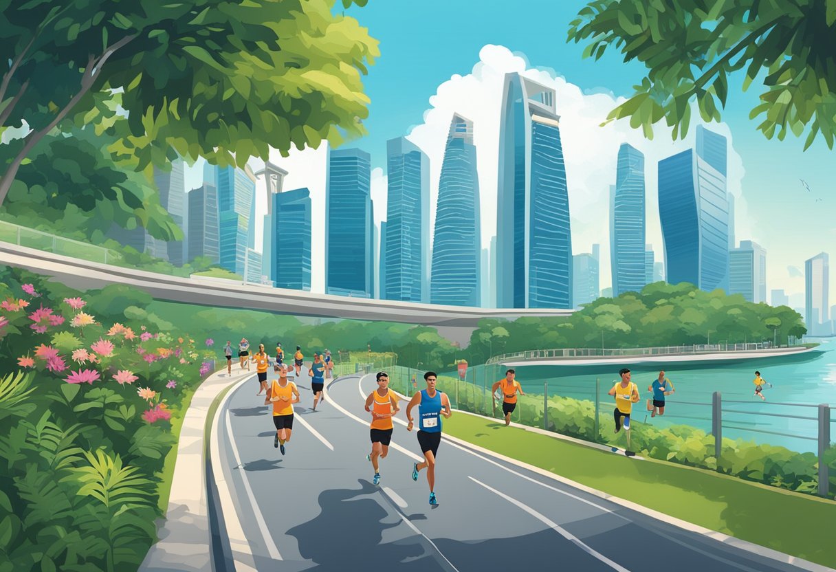 Runners race through Singapore's city streets, passing iconic landmarks like the Marina Bay Sands and Gardens by the Bay, with a backdrop of modern skyscrapers and lush greenery