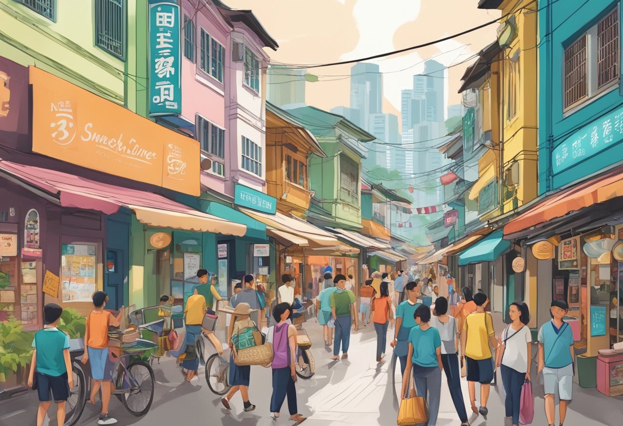 A bustling street in Swee Lee, Singapore, with colorful shopfronts and vibrant signage, surrounded by a mix of locals and tourists