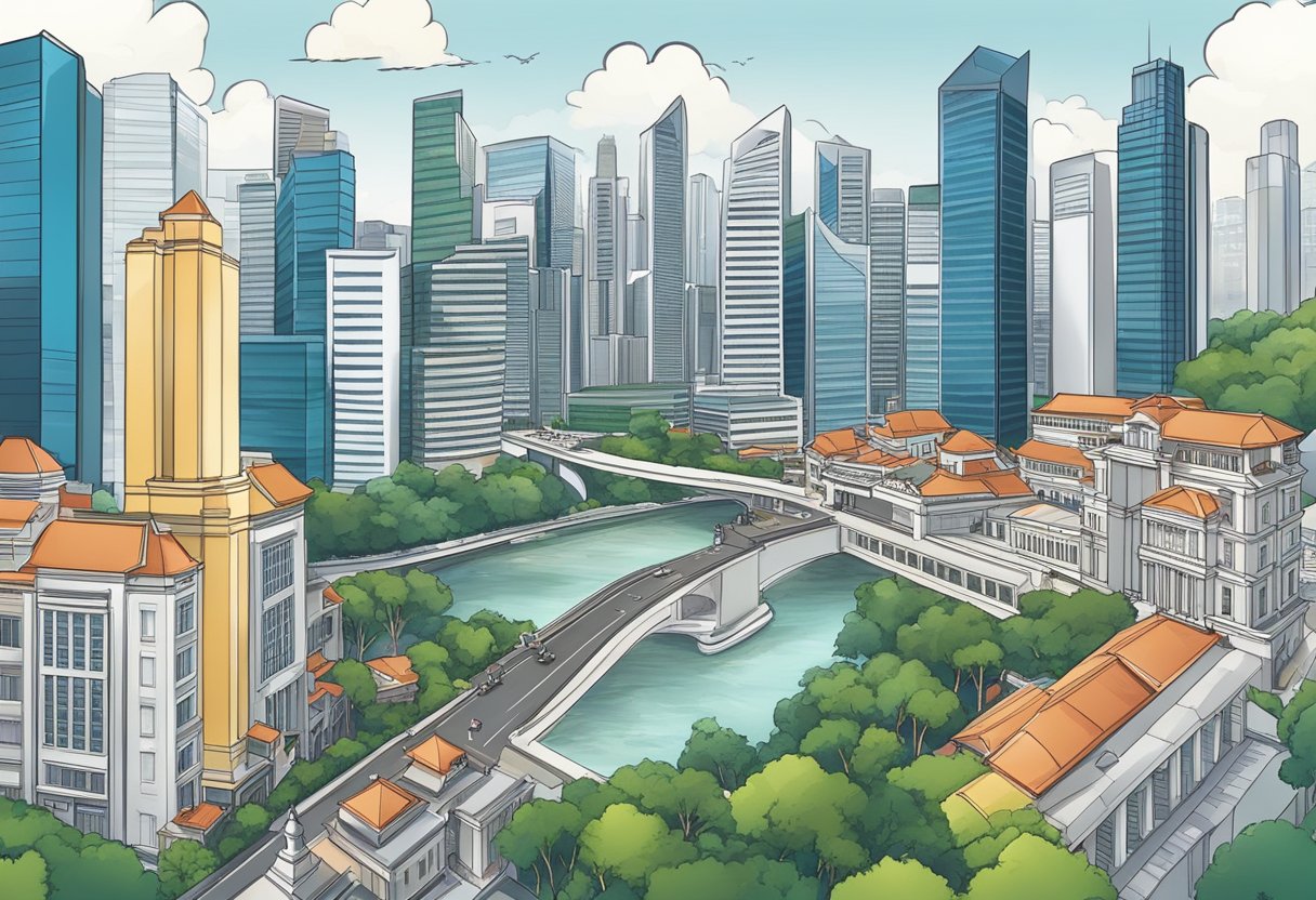 The bustling cityscape of Singapore's capital, rich with historical landmarks and modern skyscrapers, symbolizing the dynamic economy