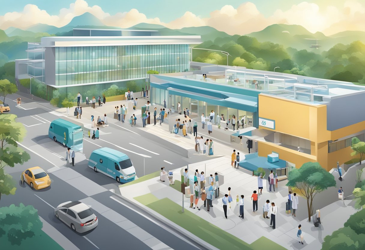 A bustling Primary Care Network in Singapore, with modern facilities and diverse patients seeking medical care