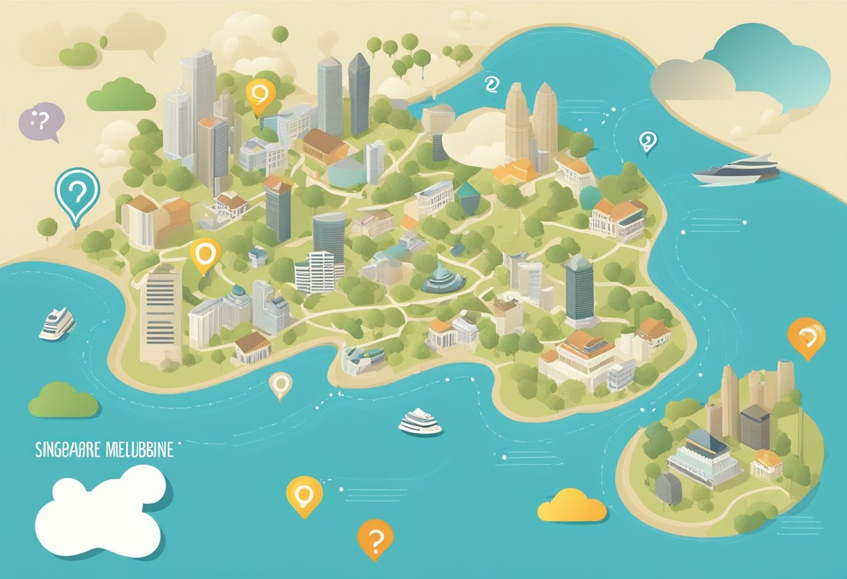 A map of Singapore and Melbourne with a question mark hovering above, surrounded by speech bubbles and a list of common inquiries
