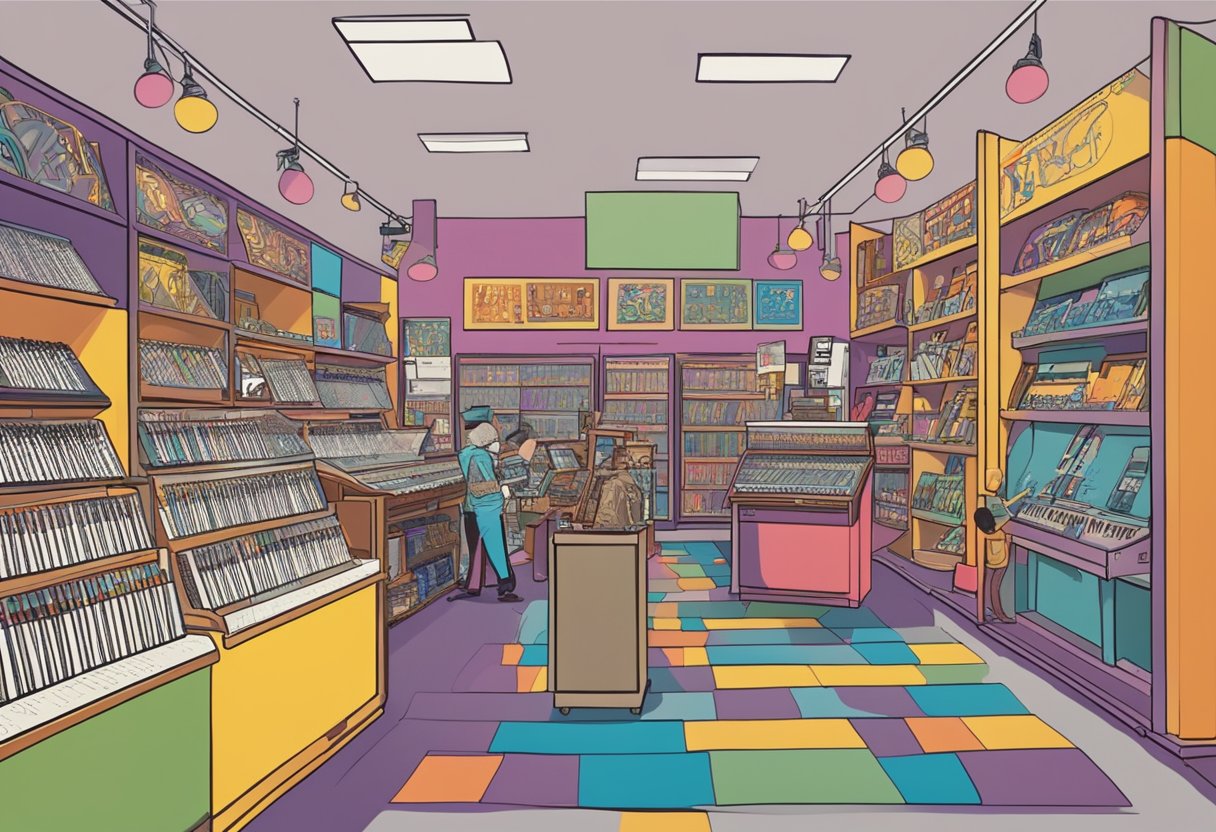 A bustling music store with rows of instruments, colorful displays, and customers browsing. The logo "Swee Lee" is prominently displayed