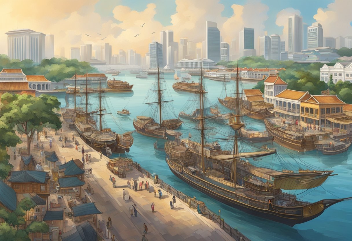 The scene depicts Singapore's colonial past with British ships docked at the bustling trading port, surrounded by diverse cultural architecture
