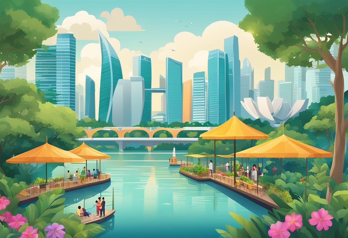 A bustling cityscape with iconic Singapore landmarks, such as the Marina Bay Sands and Gardens by the Bay, set against a vibrant skyline