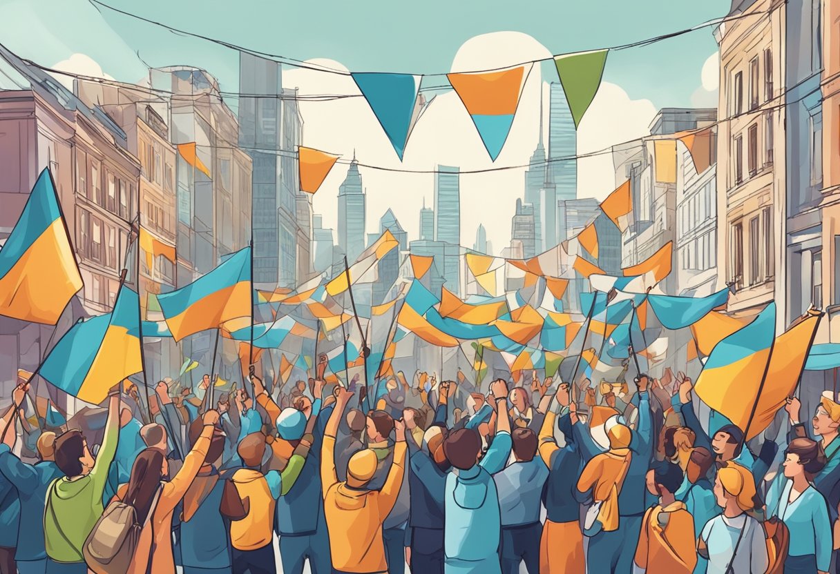 A group of people celebrating with banners and flags, surrounded by a bustling cityscape